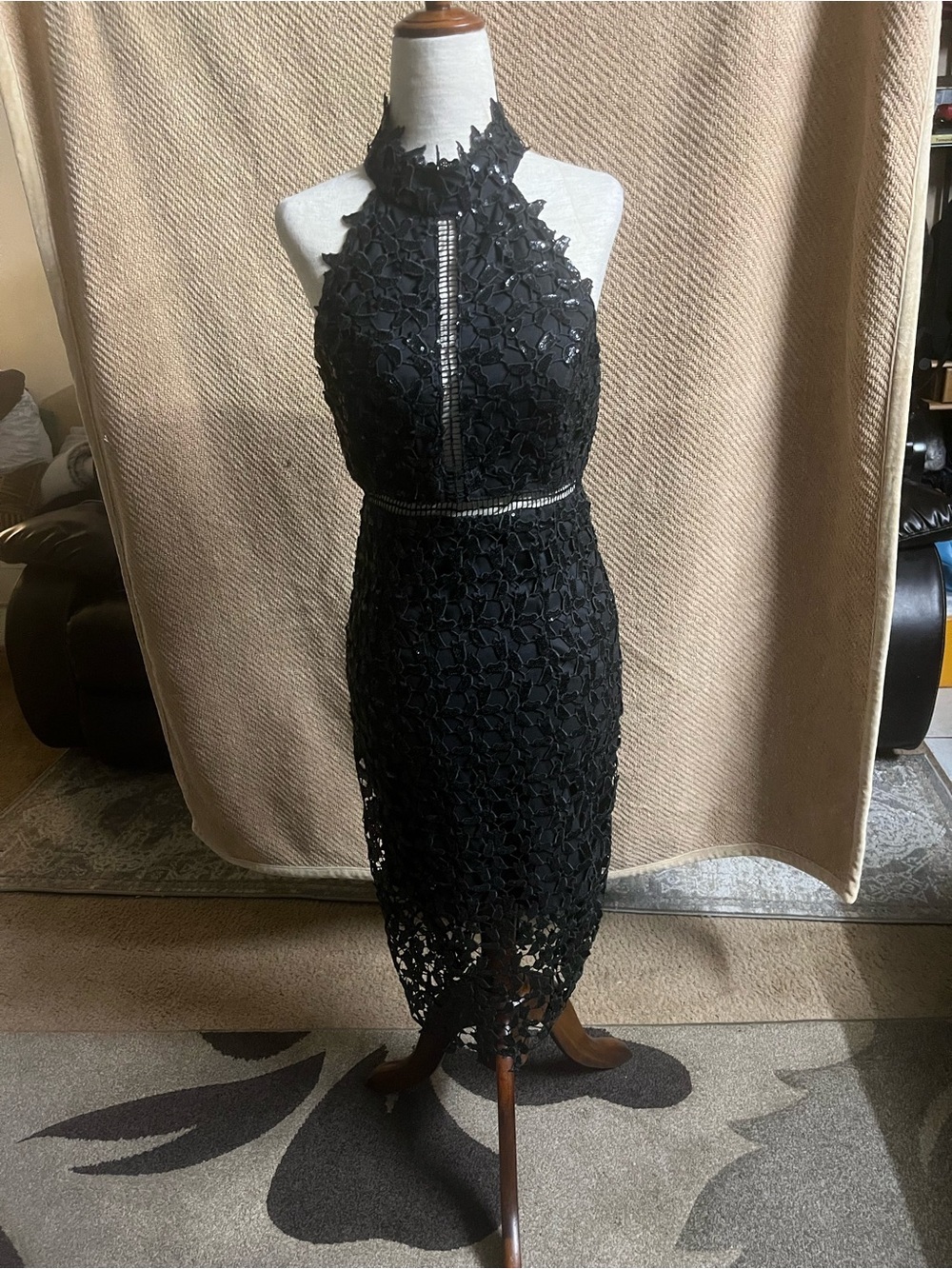 Bardot Black SEQUIN LEAF LACE HALTER Midi Dress